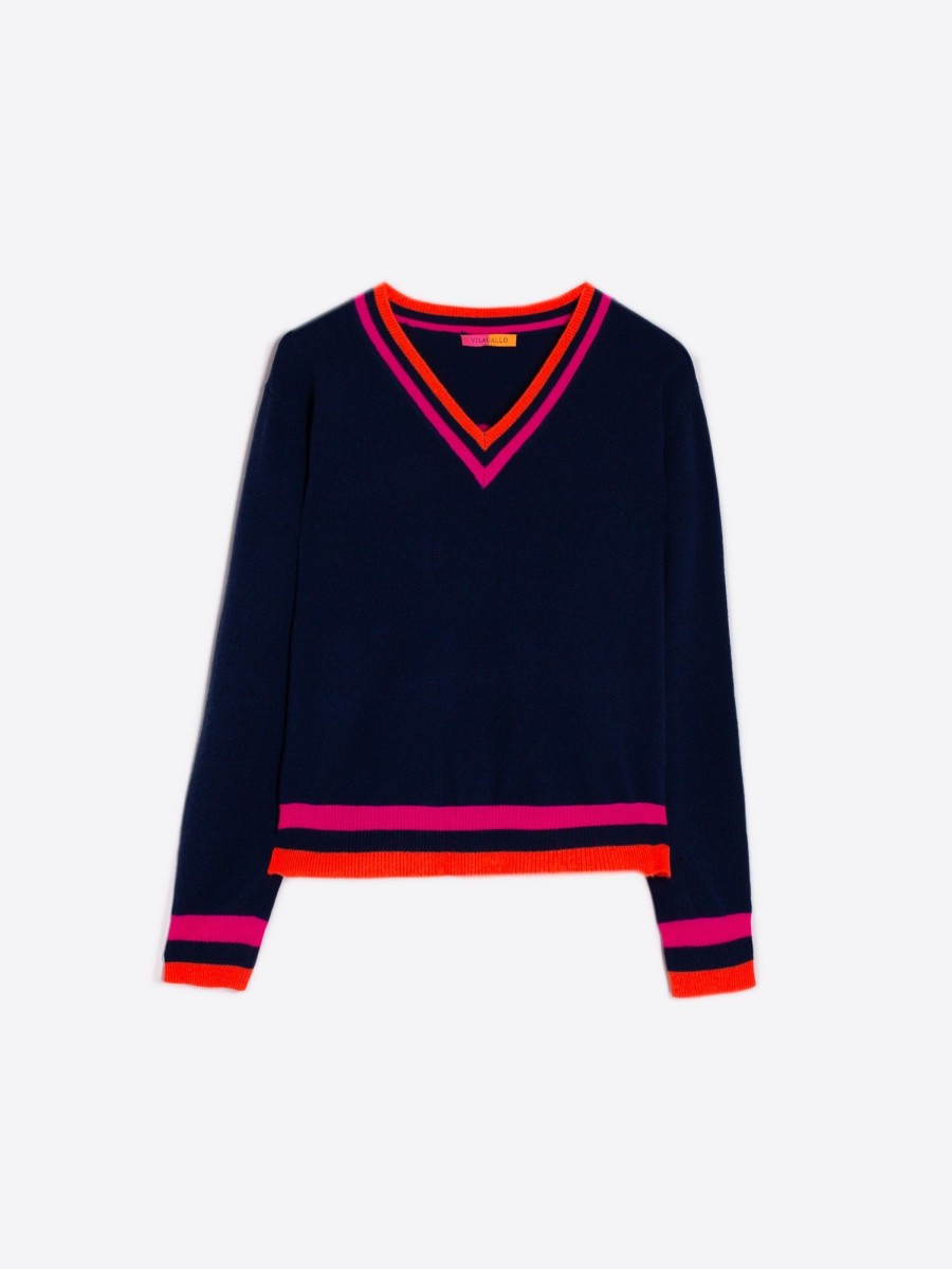 Vilagallo Knitwear Intarsia Pullover Navy Intarsia Knitwear