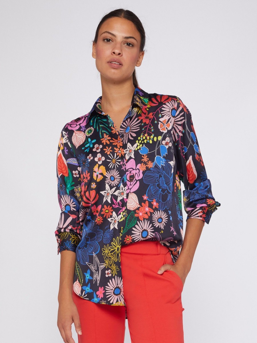 Vilagallo Shirt Gaby Navy Hand Painted Flowers Shirts