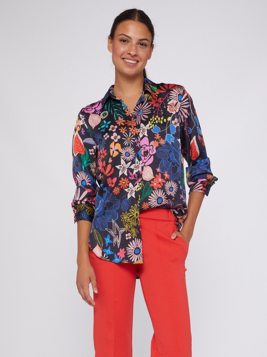 Vilagallo Shirt Gaby Navy Hand Painted Flowers Shirts