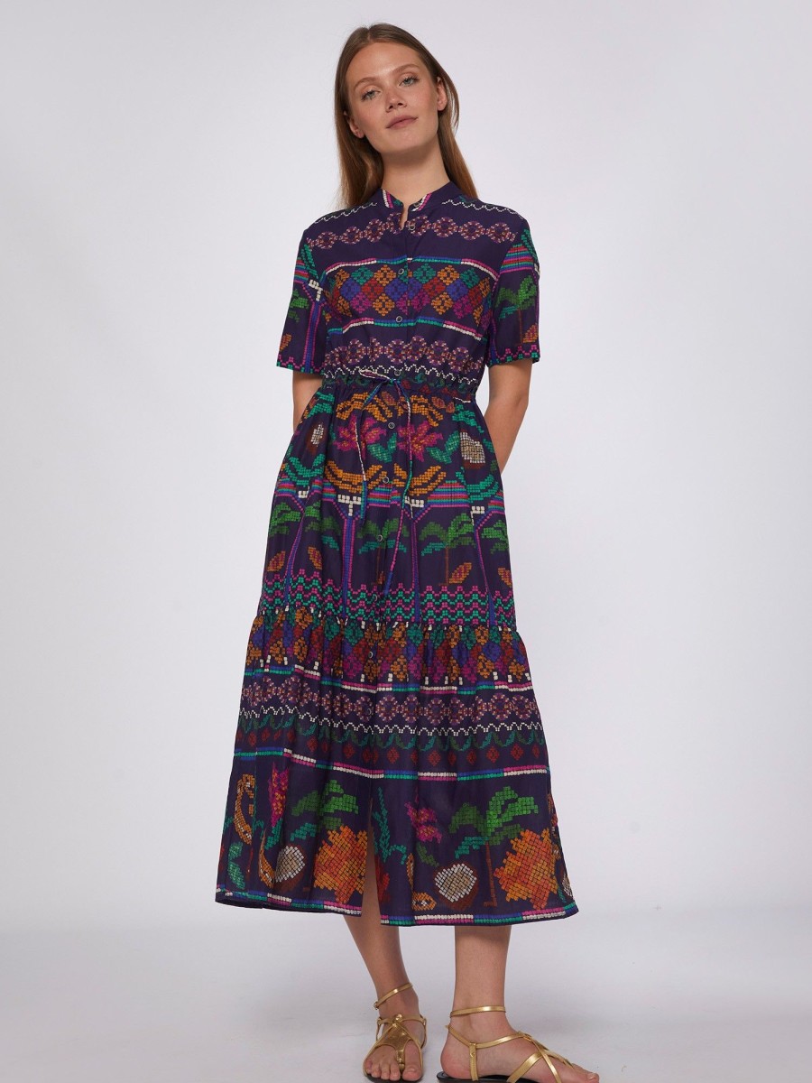 Vilagallo Dress Aroa Navy Menorca Cross Stitch Dresses