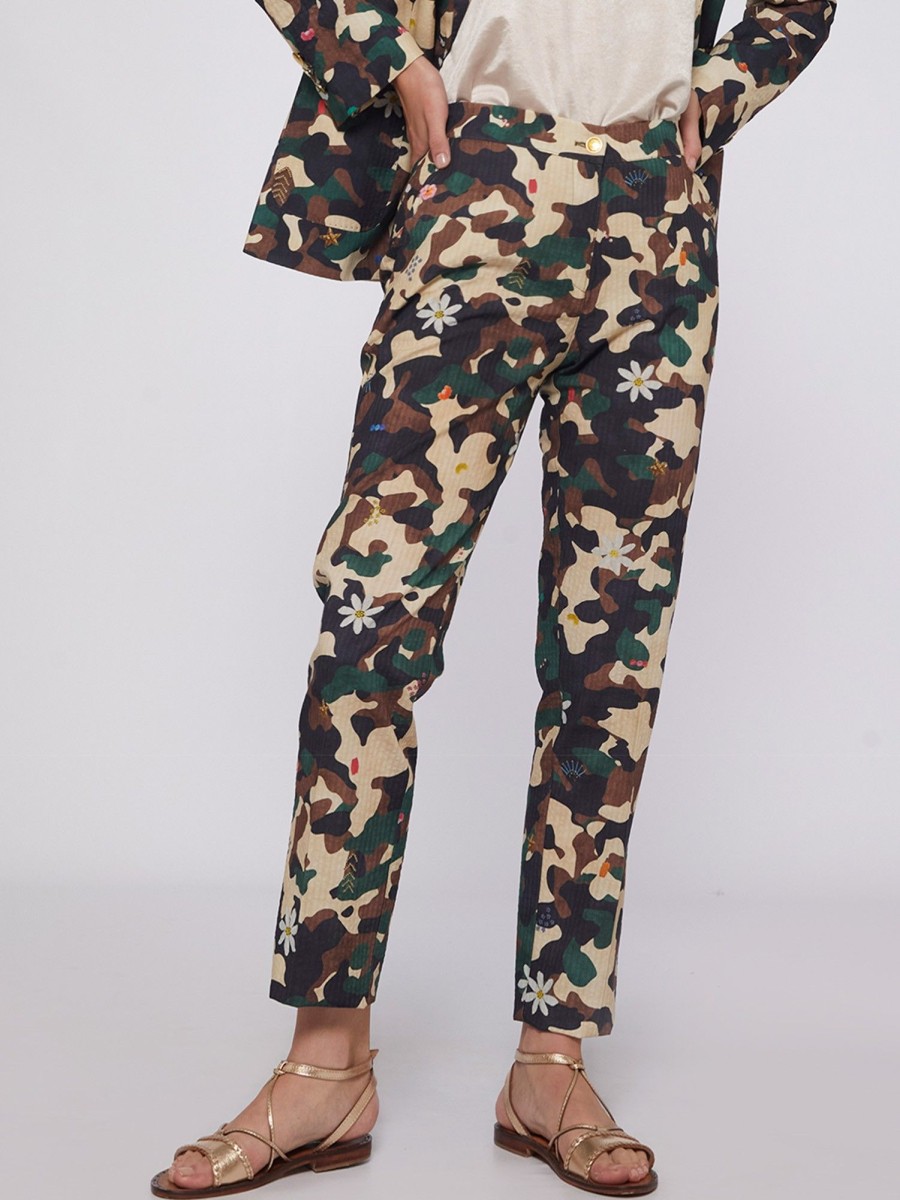 Vilagallo Trouser Tiffany Camouflage Embroidery Print Trousers