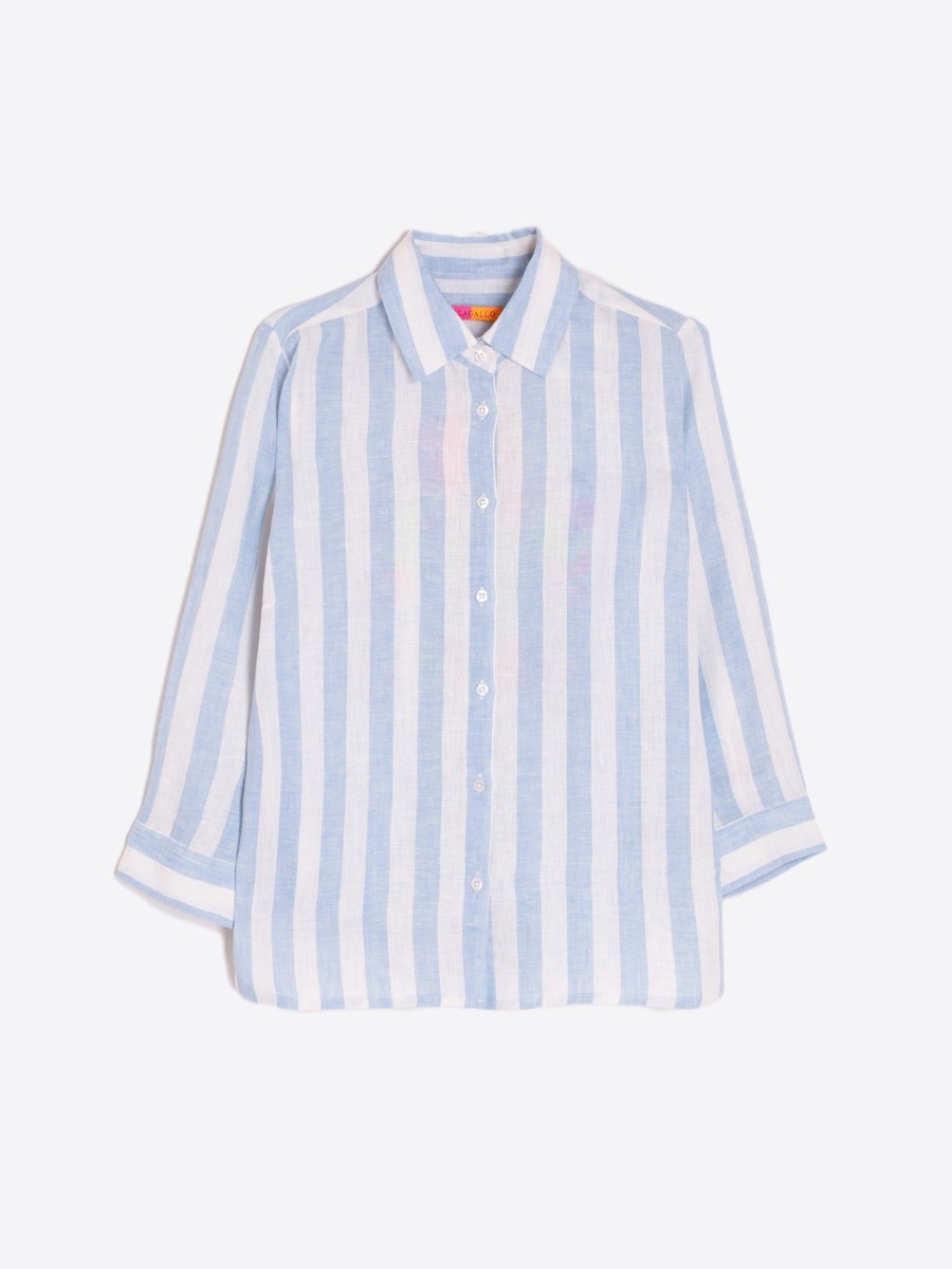 Vilagallo Shirt Sara Emb Blue Linen Stripe L Shirts