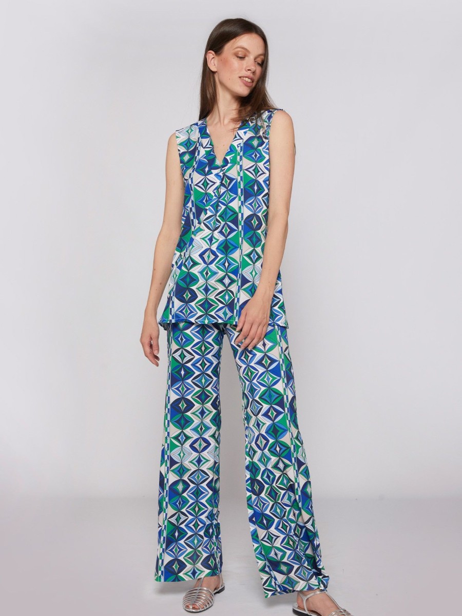 Vilagallo Trouser Venus Green Geometric Knit Print Trousers