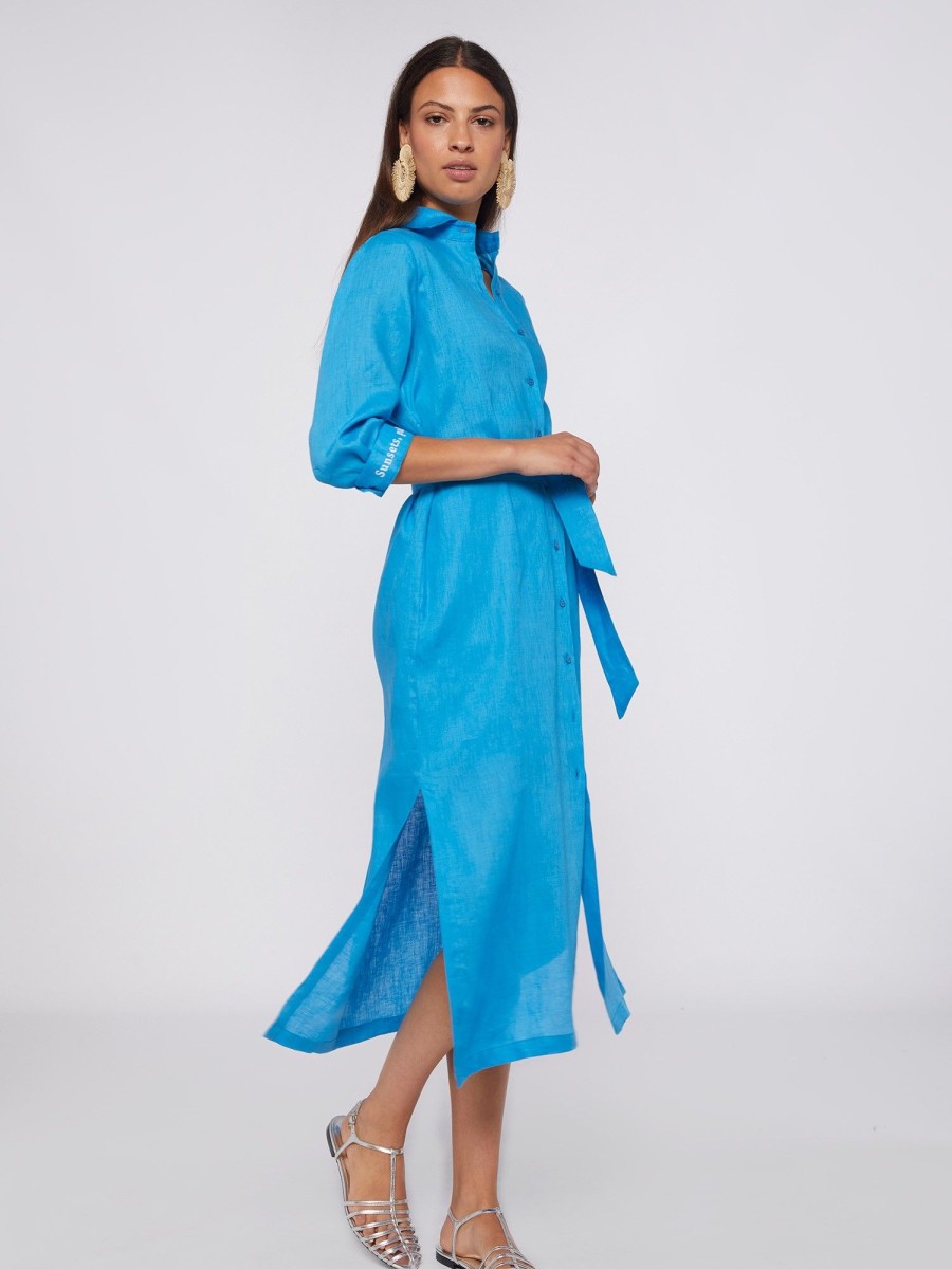 Vilagallo Dress Antonella Emb Blue Linen Dresses