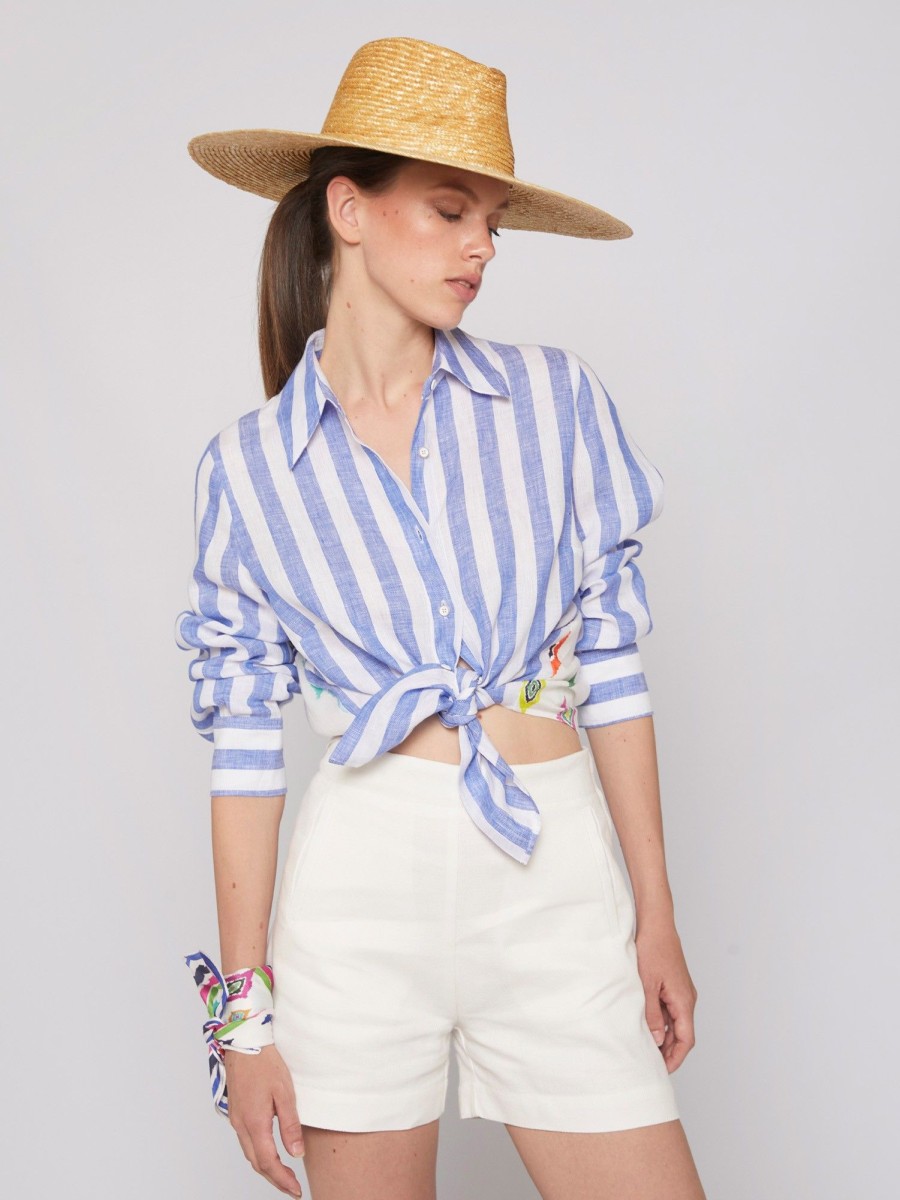 Vilagallo Shirt Mafalda Pure Linen Stripe Navy Shirts