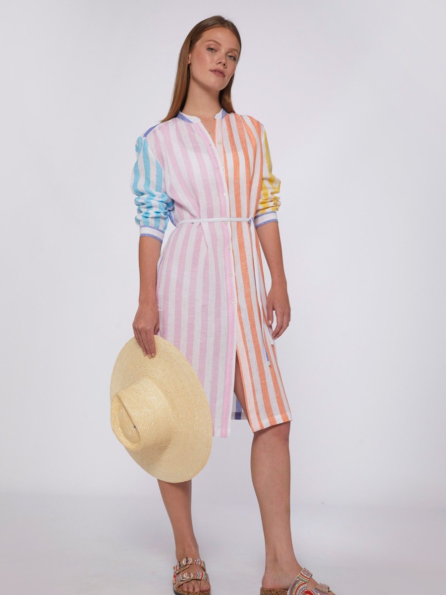 Vilagallo Dress Rebecca Emb Pure Linen Stripe Navy Dresses