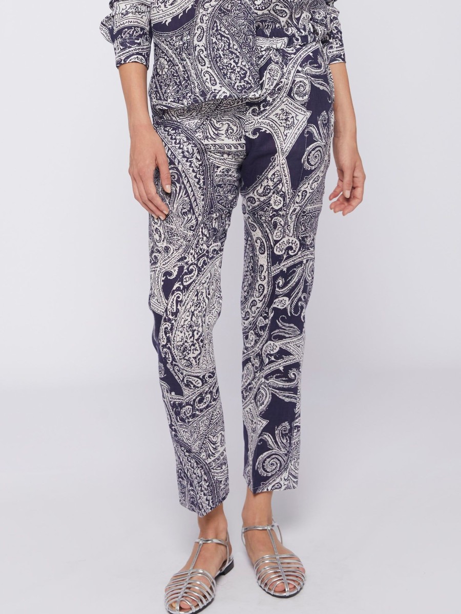 Vilagallo Trouser Clarise Navy Paisley Linen Trousers