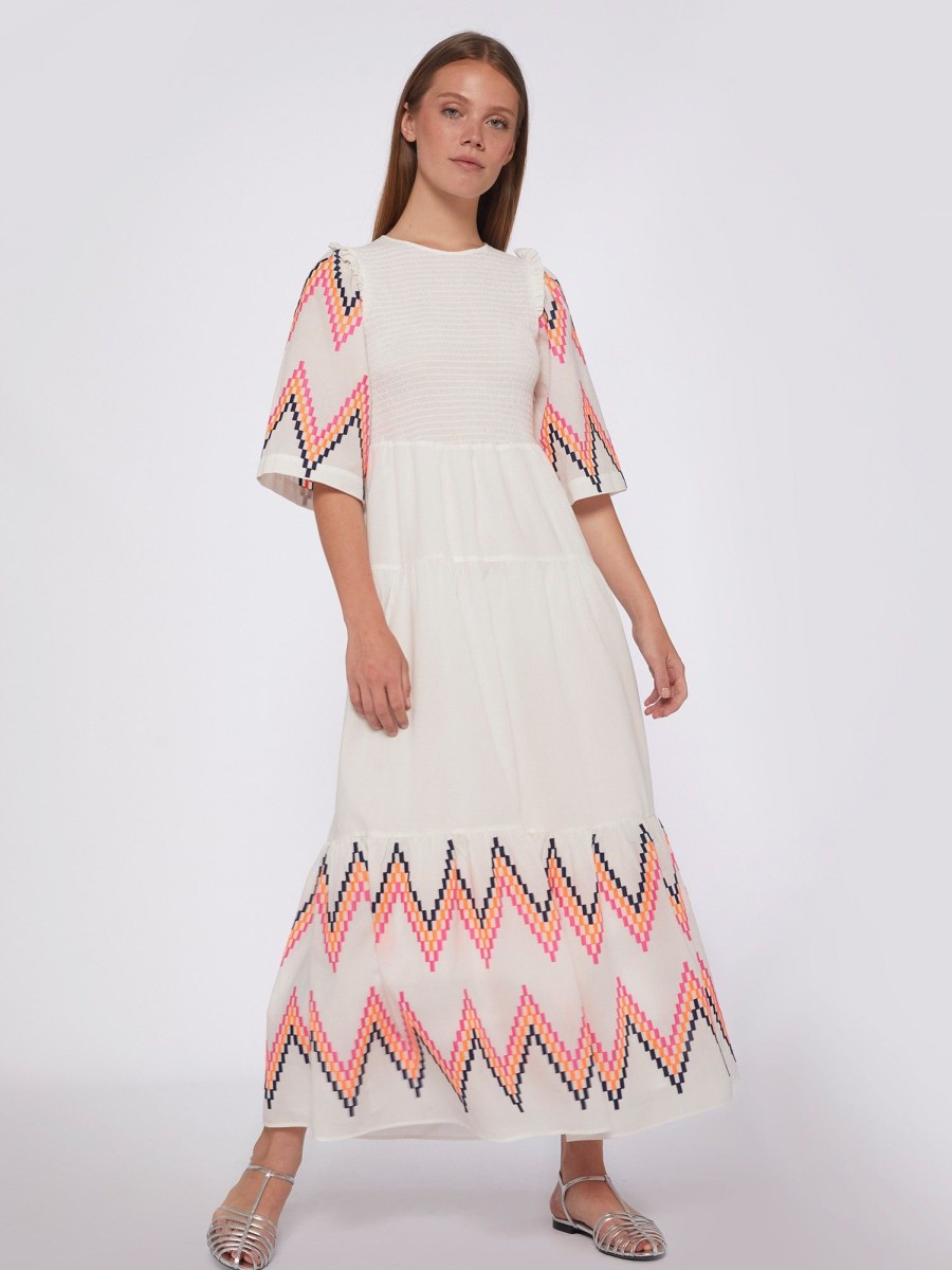 Vilagallo Dress Caila Fluor Embroidered Zig-Zag Dresses