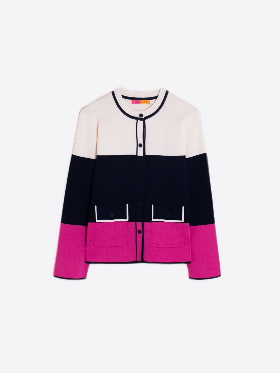 Vilagallo Knitwear Cardigan Colour Block Ecru&Navy&Pink Knitwear