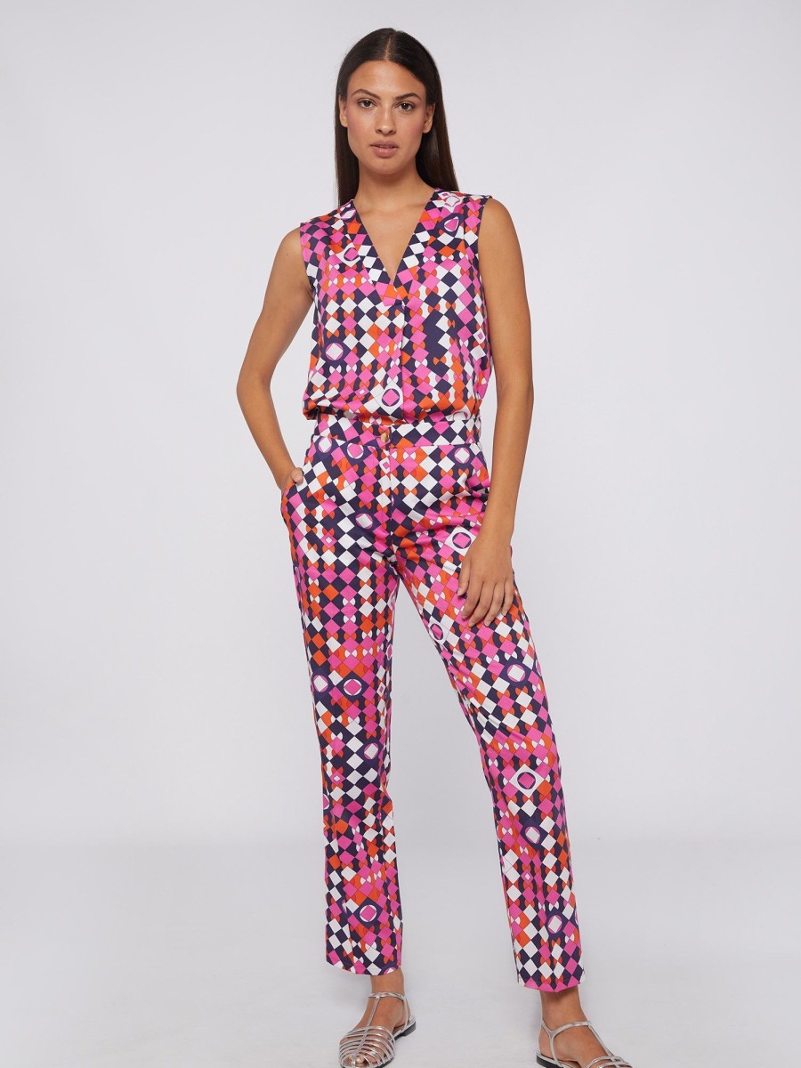 Vilagallo Trouser Tiffany Pink Navy Geometric Trousers