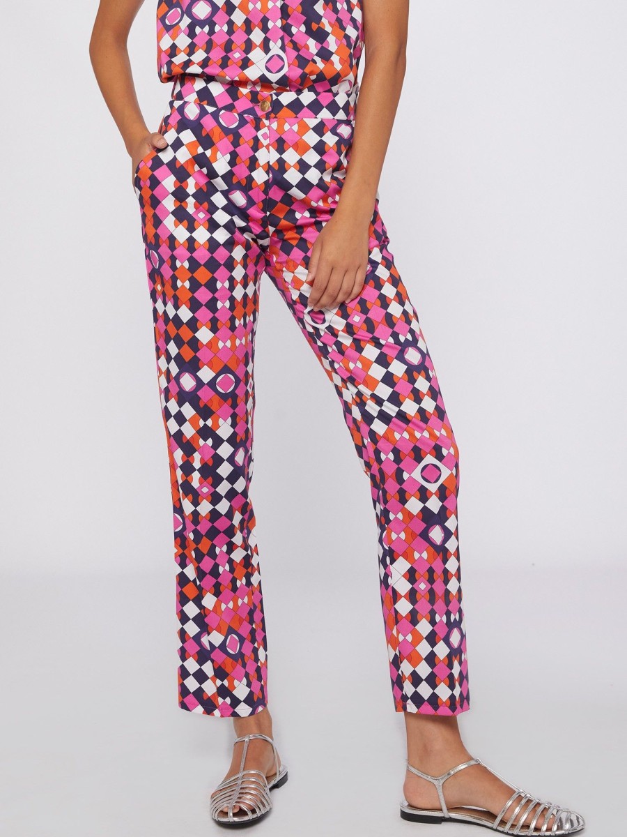 Vilagallo Trouser Tiffany Pink Navy Geometric Trousers