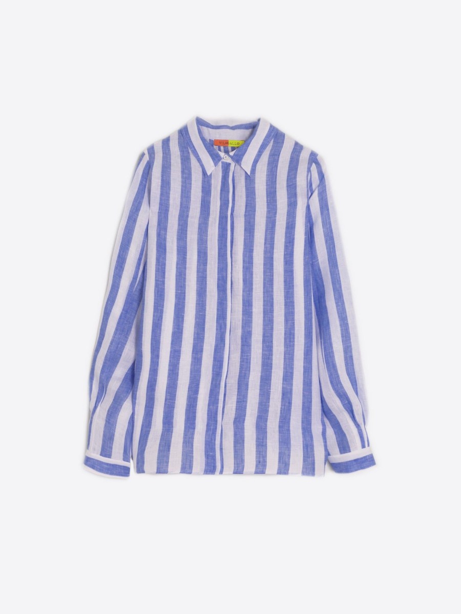 Vilagallo Shirt Ginger Pure Linen Stripe Navy Shirts