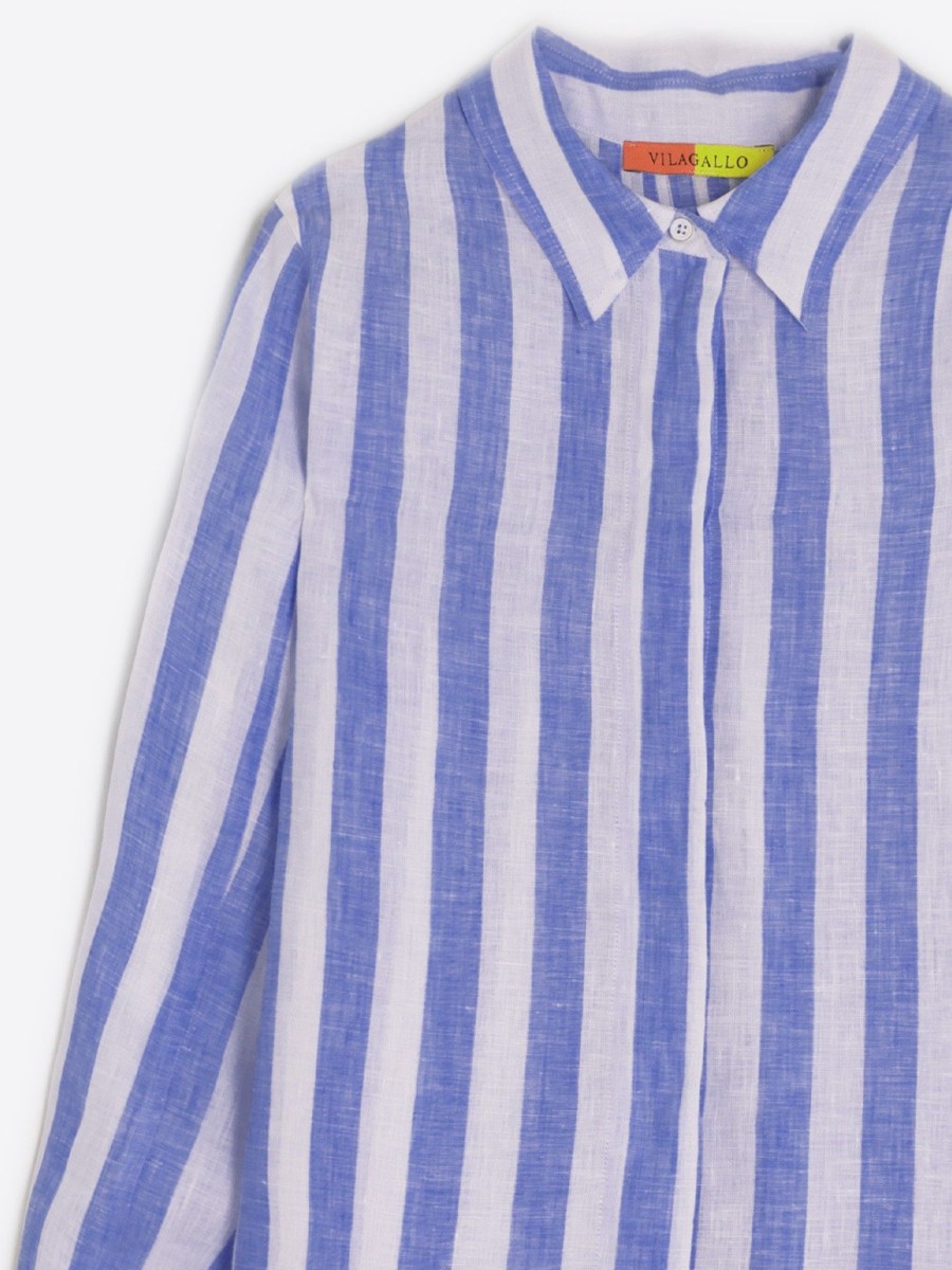 Vilagallo Shirt Ginger Pure Linen Stripe Navy Shirts