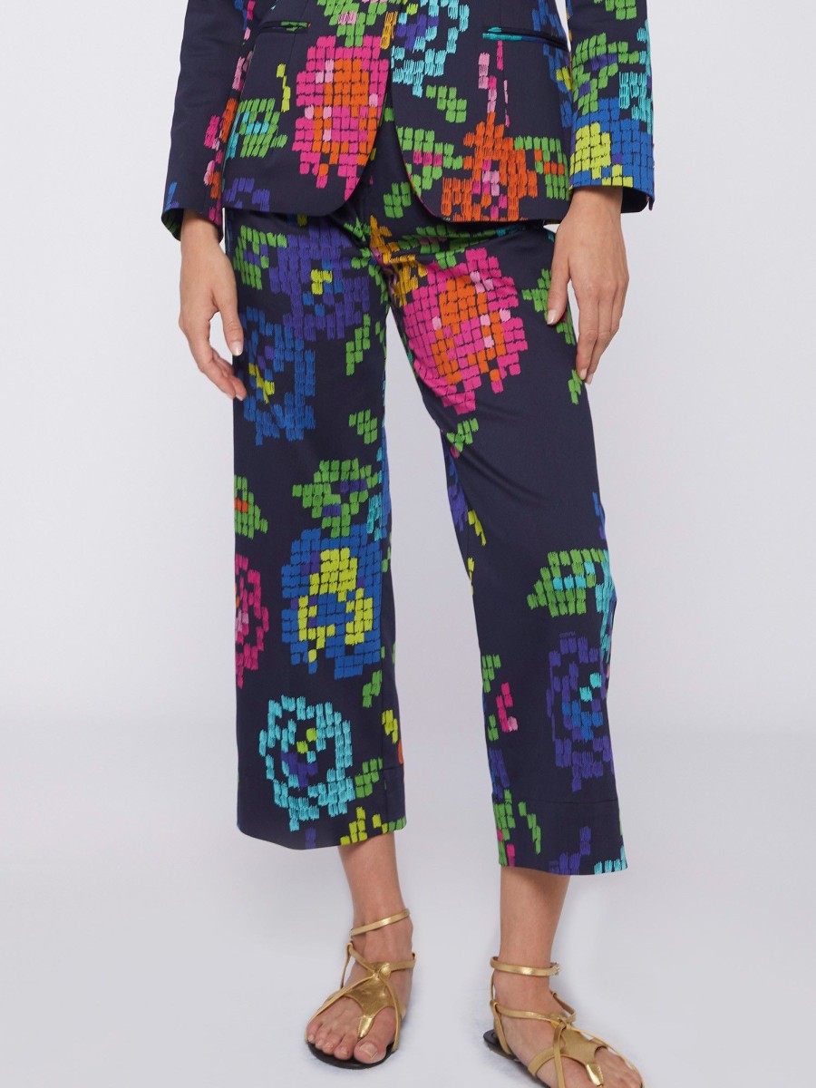 Vilagallo Trouser Dorin Flower Cross Stitch Navy Print Trousers